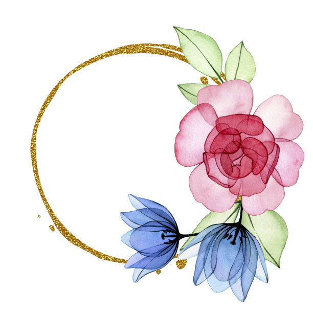 水彩绘画。金色的镜框，透明的花环和玫瑰的叶子。粉色玫瑰x射线图片下载