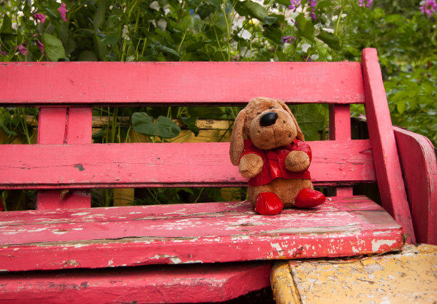 软狗玩具扔在长凳上图片下载