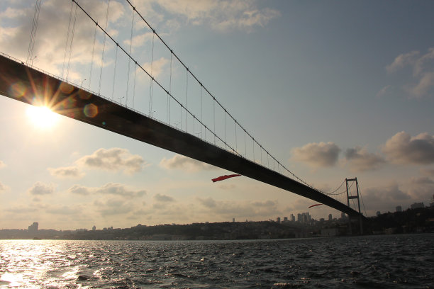 从土耳其伊斯坦布尔的Beylerbeyi俯瞰博斯普鲁斯海峡大桥。它连接亚洲和欧洲。库存图片图片下载