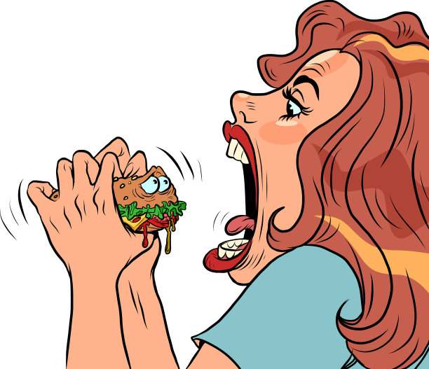 女子在餐厅咬可爱的汉堡人物图片下载