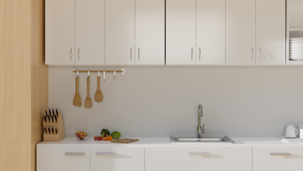 现代简约的厨房烹饪空间室内设计，最小的白墙和基础橱柜图片下载