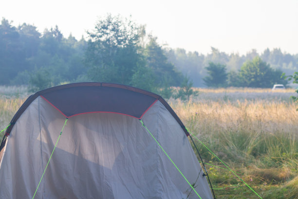 帐篷在夏天的清晨在雾气弥漫的草地上，游人在徒步旅行时睡觉图片下载