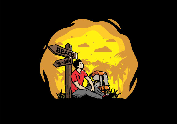 男子坐在路边指示牌海滩旁的地上图片下载
