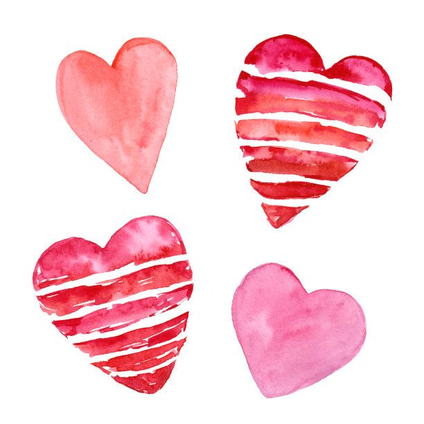 红心集。情人节问候元素。水彩的心。图片下载