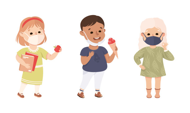 快乐的男孩和女孩戴口罩作为新常态图片下载