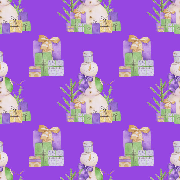 紫色背景上的圣诞无缝图案。没完没了的印着礼品盒、雪人，还有圣诞树的枝头。复古风格的插图。可爱的壁纸。图片下载