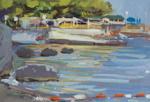 海滩海边夏天人们水粉画。图片下载