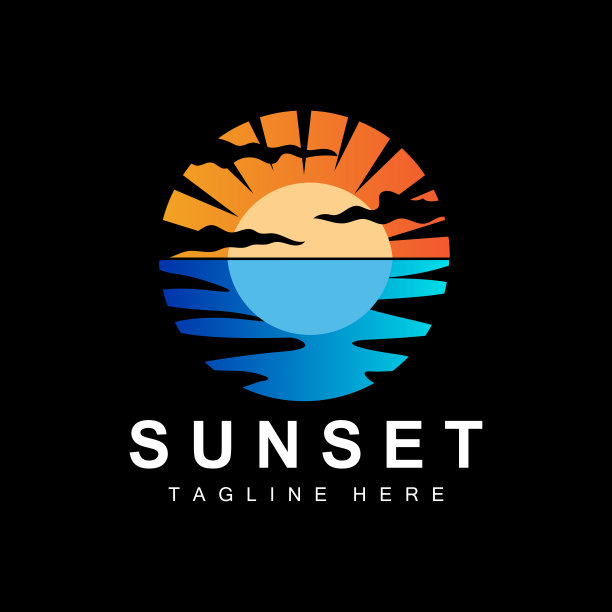 日落海滩标志设计，海景插图，红色的一天假期点向量图片下载