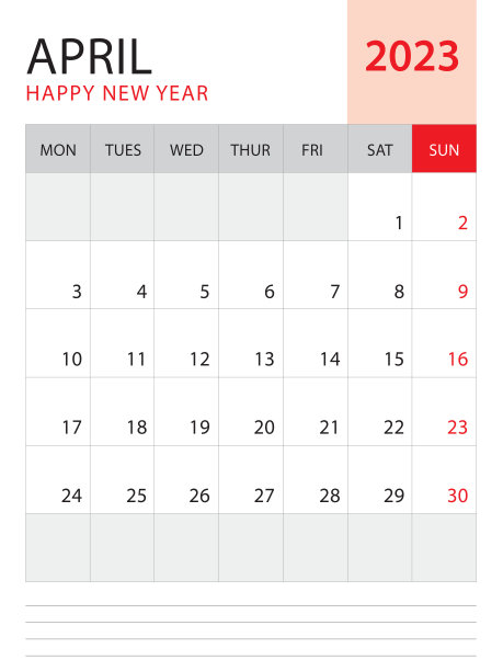 2023年4月2023日日历模板矢量红色背景，星期星期一开始，桌面日历2023年，墙日历设计，企业计划模板，文具，组织者日记，矢量图片下载