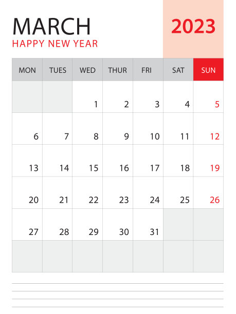 2023年3月2023日日历模板矢量红色背景，星期星期一开始，桌面日历2023年，墙日历设计，企业计划模板，文具，组织者日记，矢量图片下载