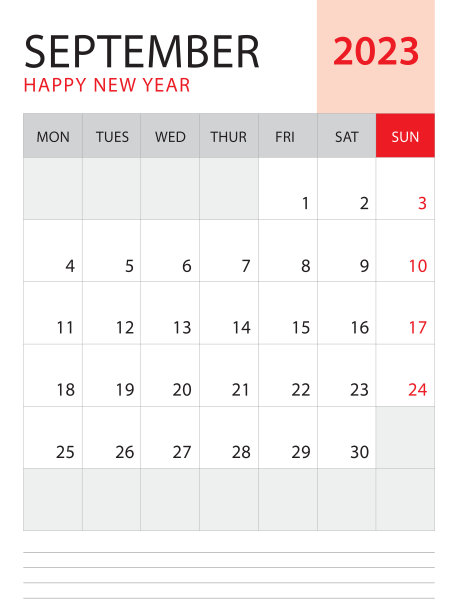 2023年9月2023日日历模板矢量红色背景，星期星期一开始，桌面日历2023年，墙日历设计，企业计划模板，文具，组织者日记，矢量图片下载