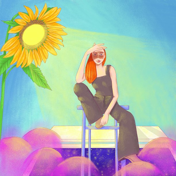 女人整夜坐在向日葵灯下图片下载