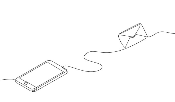 在智能手机上连续画一条聊天信息。用飞行信封发送即时消息的智能手机设备概念。手机对话平面插图矢量在涂鸦风格图片下载