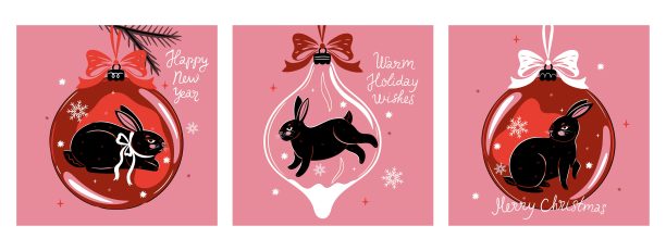 一套圣诞卡片与黑兔子。矢量图形。图片下载