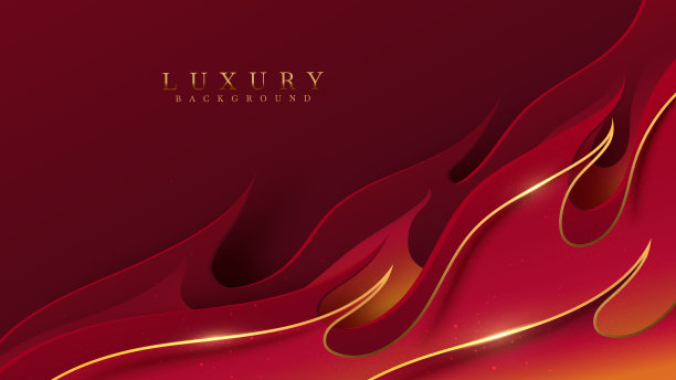 红色奢华背景，火焰图案，金色线条元素，闪耀的灯光效果装饰。图片下载