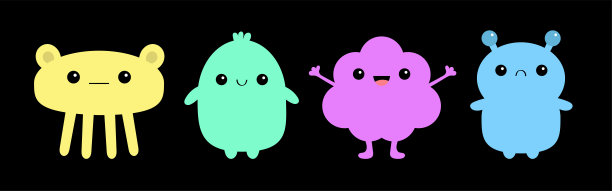 怪物图标设置行横幅。万圣节快乐。可爱可爱的卡通宝宝角色。有趣的脸，头，身体。举起手，角，眼，牙，舌。帕特尔的颜色。平面设计。黑色背景。图片下载