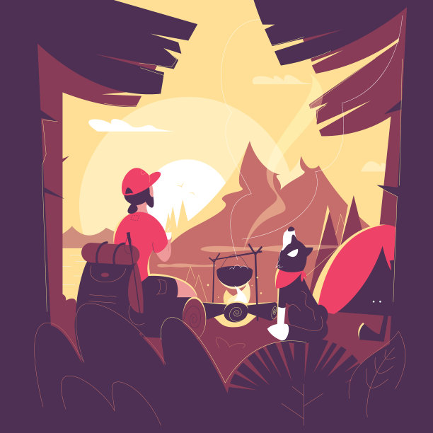 一个人带着一只狗在森林里露营图片下载