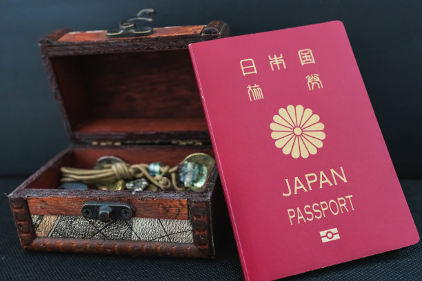 一张日本护照的照片，里面装着硬币的宝盒，旅行的概念图片下载