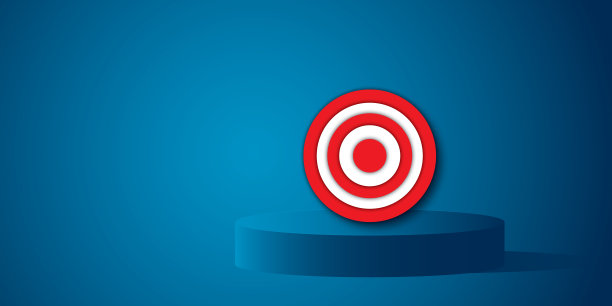 红色目标图标或靶标与立场或指挥台在深蓝色的背景。目标和成功的概念。图片下载