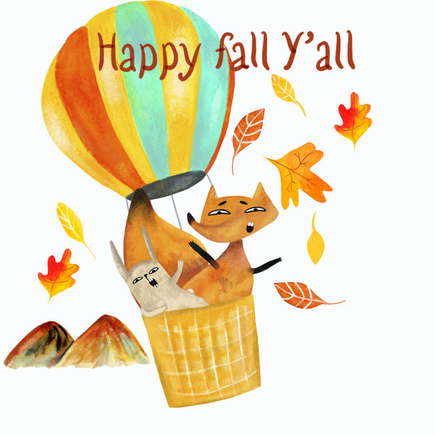 水彩卡上有狐狸和兔子，野兔，小兔子在热气球里飞，有趣的动物，朋友，秋天的气氛，秋天的树叶，水彩的纹理，收获，快乐的秋天你都写着图片下载
