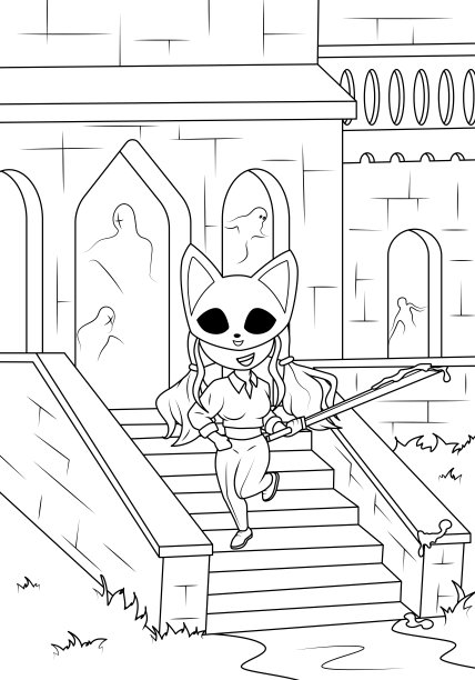 一个戴着面具、手持宝剑的可爱女孩站在闹鬼的城堡背景中。图片下载