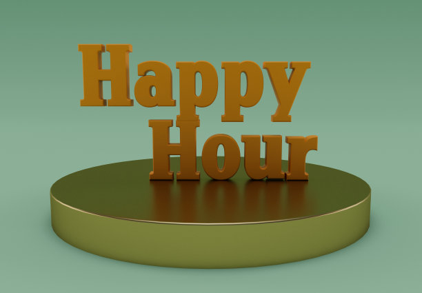 欢乐时光金色，酒吧欢乐时光的3d渲染，最小的字母与闹钟图片下载