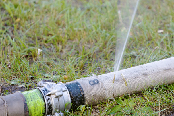 草地上的消防水管漏水图片下载