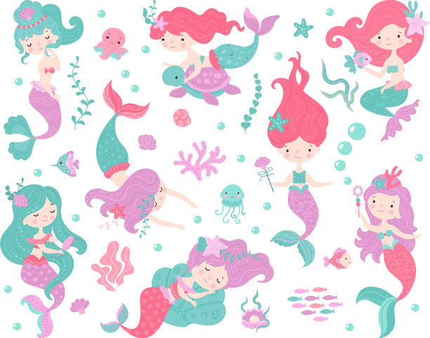 卡通美人鱼设定美人鱼女孩和鱼可爱图片下载