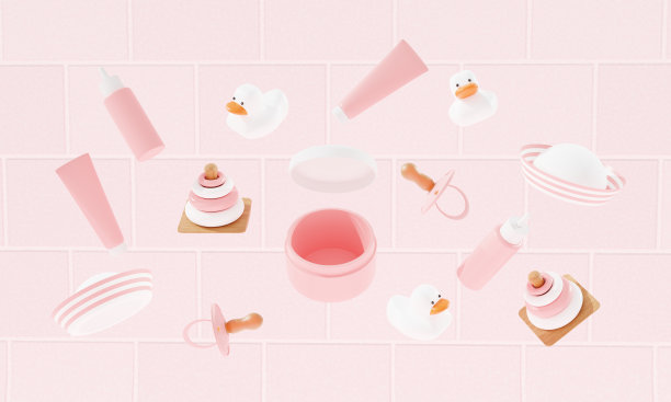 3 d渲染。婴儿洗澡配件在桌子上瓷砖背景。洗发膏和沐浴露瓶子，鸭子玩具，毛巾。3 d图片下载