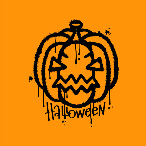 万圣节城市涂鸦元素与橙色南瓜和字母字。用毛笔喷了杰克·奥灯的画。橙色背景上的黑色南瓜脸。变形矢量插图。图片下载