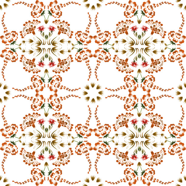 乌克兰民间绘画风格Petrykivka。花卉水彩无缝图案从红色的花朵，棕色和绿色的叶子孤立在一个白色的背景图片下载