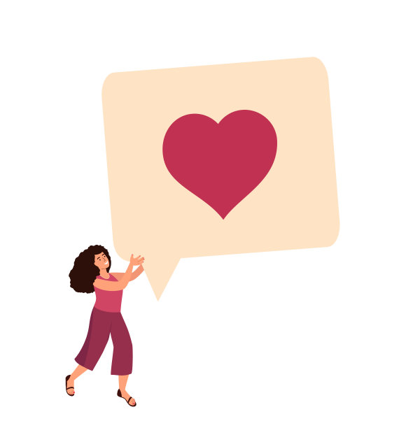 小小的年轻自信的女人带着巨大的心形纽扣。像按钮形象设计。卡通人物。彩色平面矢量插图在白色背景。图片下载