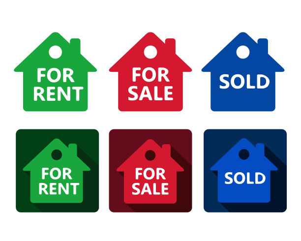 套房地产房子图标红，绿色和蓝色的房子与特克斯图片下载