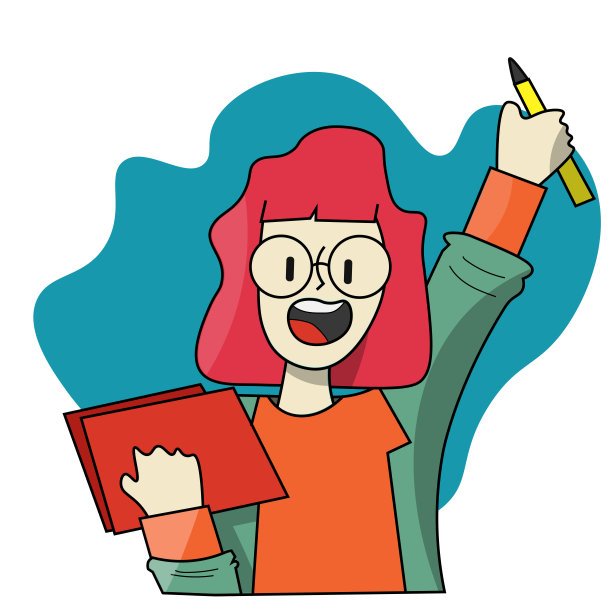 卡通平面手绘插画，快乐的女人或女性聪明的女孩戴着眼镜，带书和铅笔着色或图标的教育，学校，学习，学院，大学图片下载