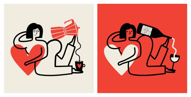 矢量插图集与女人，葡萄酒和咖啡。图片下载