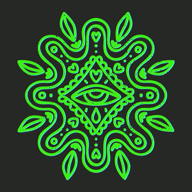 酸绿色霓虹灯曼荼罗与垃圾褴褛的效果。一个被树叶和心包围的眼睛的神秘插图。矢量手绘线条艺术插图在90年代，2000年代的风格。图片下载