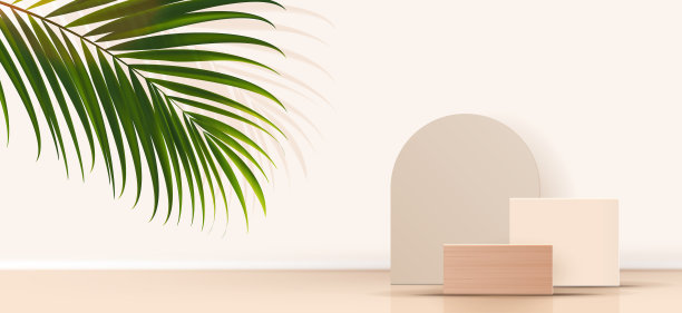 化妆品棕色最小的背景和水磨石大理石高级平台展示产品介绍品牌和包装介绍。工作室阶段与阴影的树叶背景。矢量设计图片下载