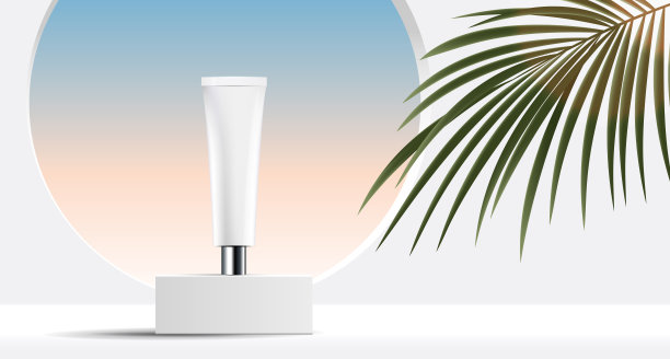 化妆品灰色背景和优质平台展示产品介绍，品牌和包装介绍。工作室阶段与阴影的树叶背景。矢量设计图片下载