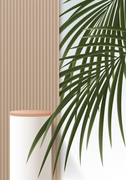 化妆品棕色最小的背景和优质的平台展示产品介绍品牌和包装介绍。工作室阶段与阴影的树叶背景。矢量设计图片下载