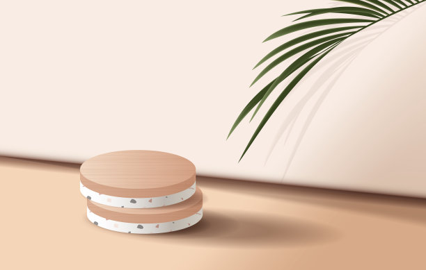 化妆品棕色背景和优质平台展示产品介绍品牌和包装介绍。工作室阶段与阴影的树叶背景。矢量设计图片下载