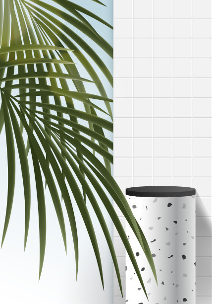 化妆品灰色背景和水磨石大理石高级平台展示产品介绍品牌和包装介绍。工作室阶段与阴影的树叶背景。矢量设计图片下载