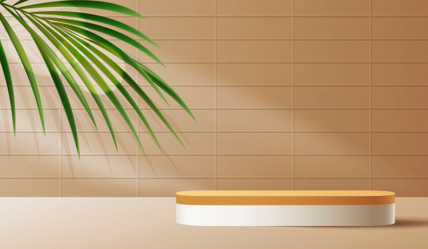 化妆品棕色背景和优质平台展示产品介绍品牌和包装介绍。工作室阶段与阴影的树叶背景。矢量设计图片下载