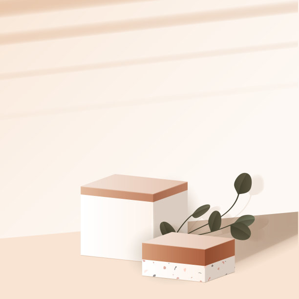 化妆品棕色最小的背景和水磨石大理石高级平台展示产品介绍品牌和包装介绍。工作室阶段与阴影的树叶背景。矢量设计图片下载