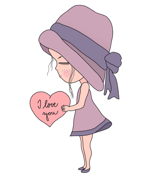 可爱的卡通小女孩戴着粉红色的帽子和衣服，手持文字我爱你，简单的平面甜矢量插图，复古风格图片下载