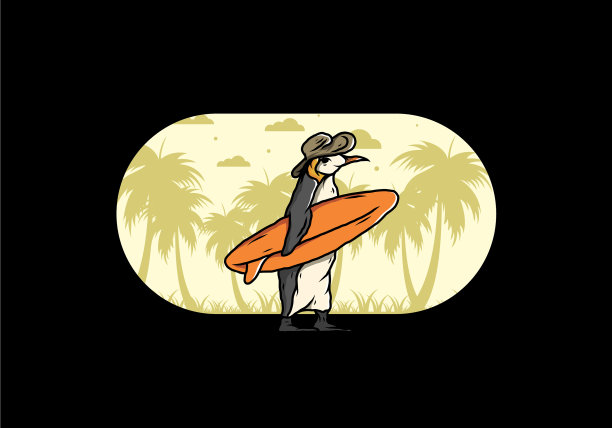 可爱的企鹅带着冲浪板在沙滩上图片下载