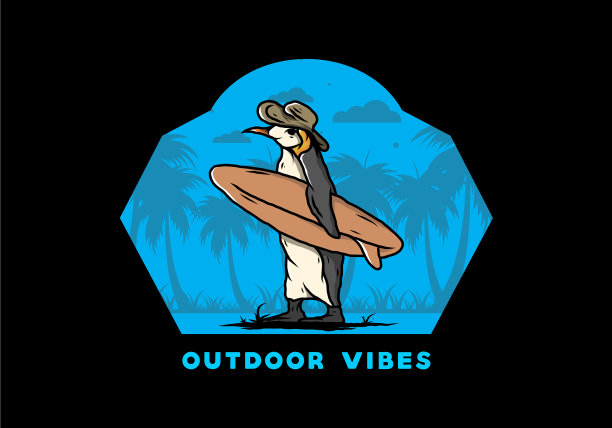 可爱的企鹅带着冲浪板在沙滩上图片下载