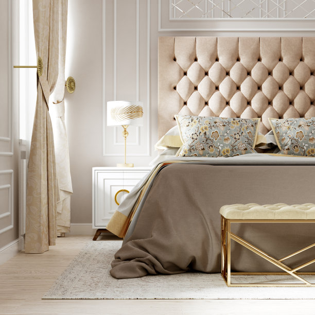 米色的现代卧室内部。3d渲染帝国风格图片下载