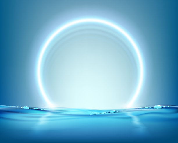 水背景与圆形霓虹灯发光框架图片下载