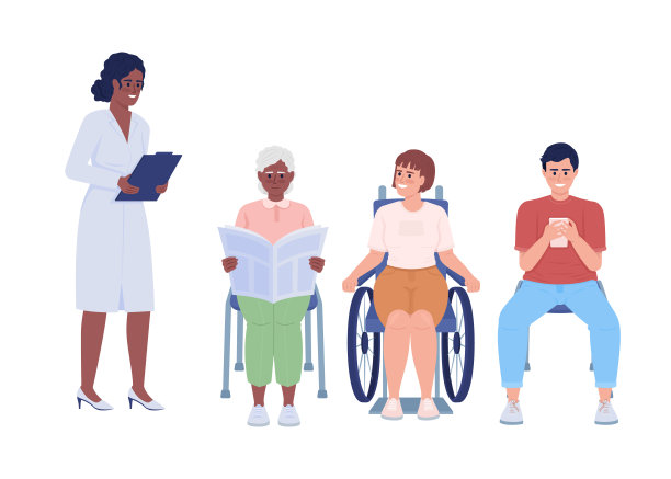 医生和病人排队半平坦的颜色向量字符图片下载