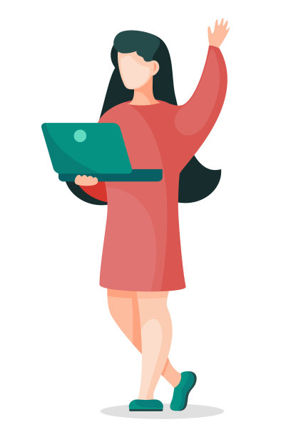 穿着红裙子拿着笔记本电脑的女人挥手。向量图片下载